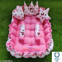 Unique Newborn Baby Rectangular Tub Bedding Set, Reversible Bed Set Cum Mattress with 3 Multi Shape Pillows for Newborn to Toddlers (Pink & Blue) - Cotton, Rectangular, Mutipack of1